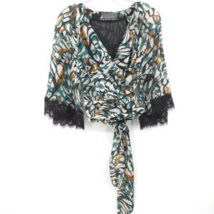 By Anthropologie womens teal/rust flutter sleeve wrap top Size XS chiffon lace